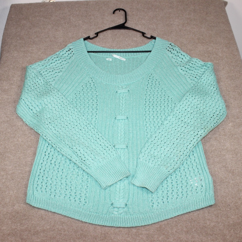 Maurices Womens Mint Green Open Knit Cable Sweater Size L Scoop Neck Pullover